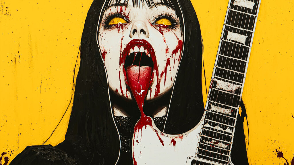 Una ilustración realista tipo cómic, con colores ácidos y fondo amarillo, de una monja vampira en primer plano; sacando la lengua y manchando con la sangre que chorrea de su cara una guitarra eléctrica.
