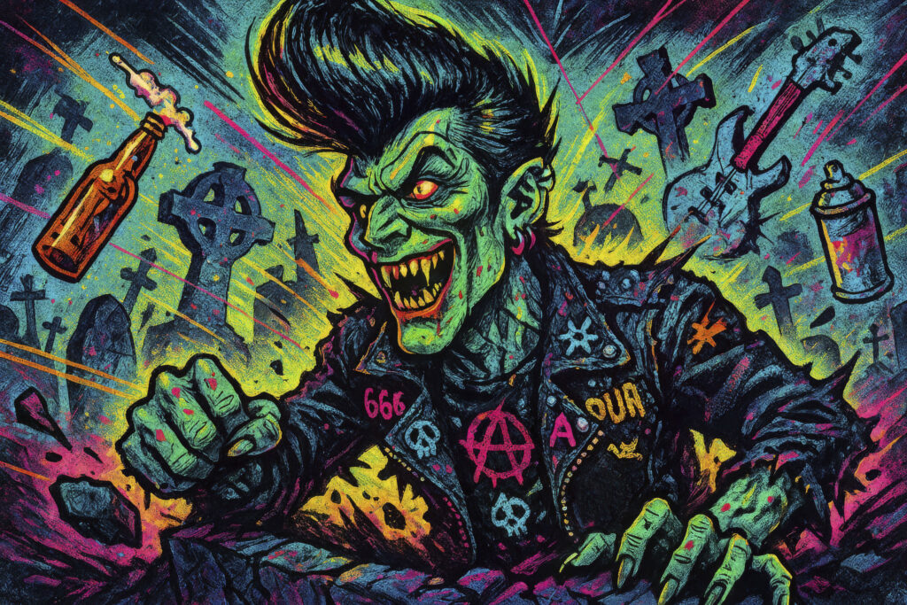 Imagen generada con IA tipo ilustración punk, pop art y art brut; representando a un zombie-vampiro, con tupé de tubo y una sonrisa afilada, saliendo de la tumba; flotando en en el aire hay una cerveza, una guitarra eléctrica y un aerosol de pintura.